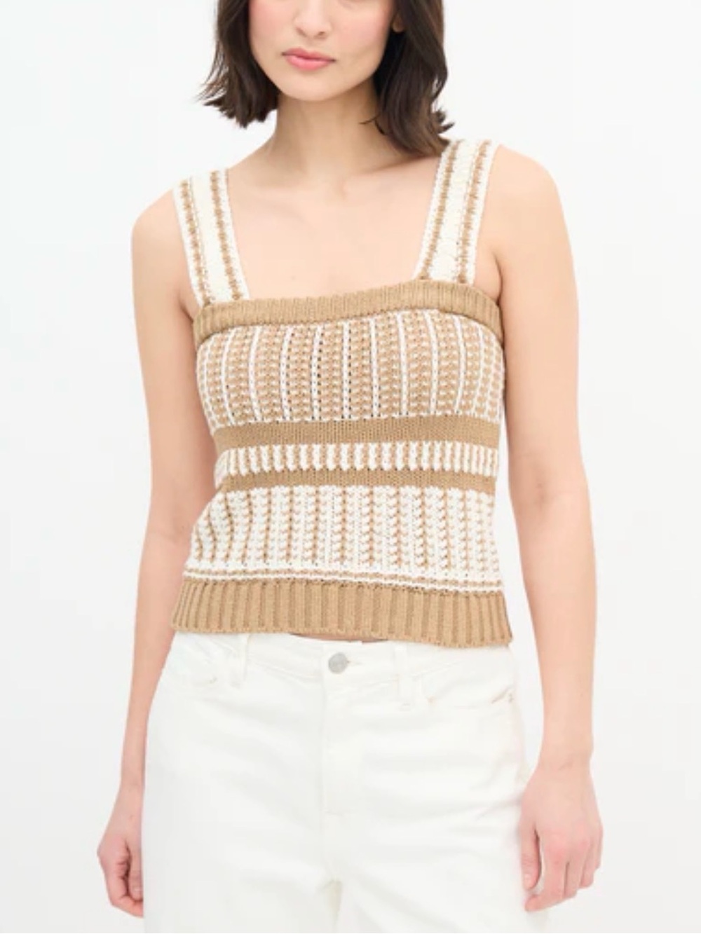 Veronica Beard Cotton Crochet Stripe Knit Tank Top Small Tan Cream | Luxury
